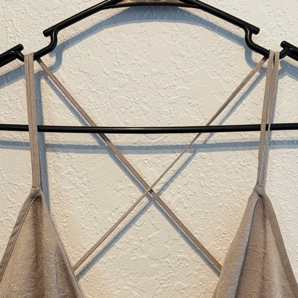 Express Elegant Sparkly Taupe Wrap Cross Camisole Gold Tie Front Blouse Size L/G - Picture 6 of 9